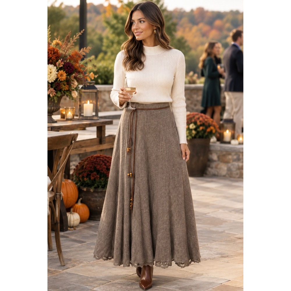 Soft Surroundings Taupe Knit Maxi Skirt Lace Trim Lined Boho Brown Large